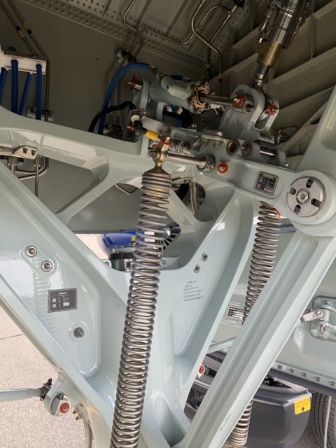 Close-up view of aircraft landing gear